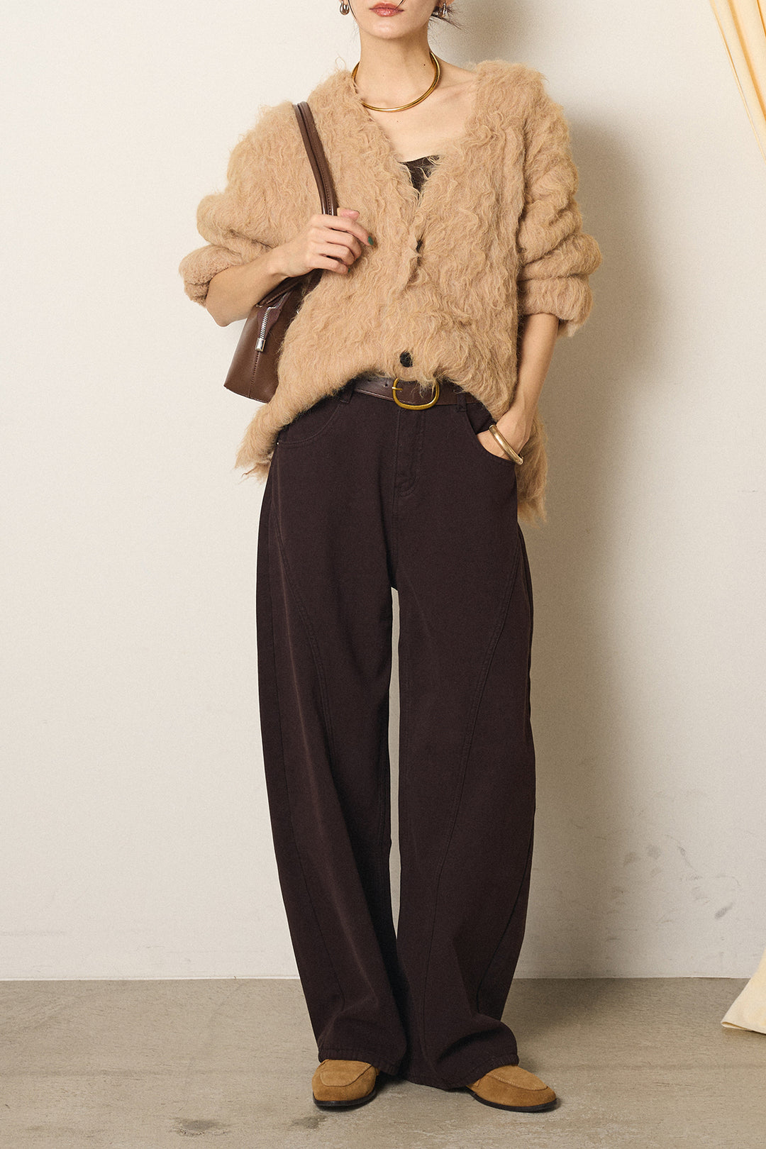 [SET]起毛シャギーニットカーディガン+ベルト付きカジュアルカーブワイドパンツ(2set)