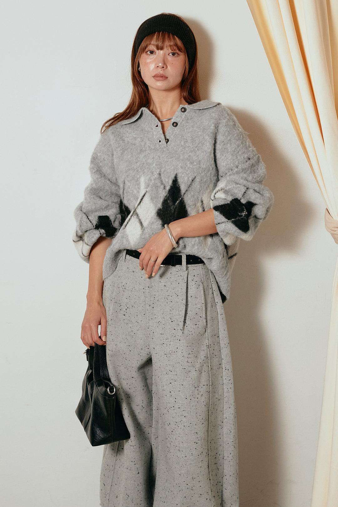 [SET]アーガイル柄ポロニットトップス+ベルト付きネップツイードカーブパンツ(2set)