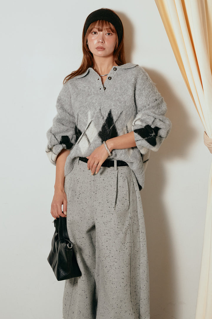 [SET]アーガイル柄ポロニットトップス+ベルト付きネップツイードカーブパンツ(2set)