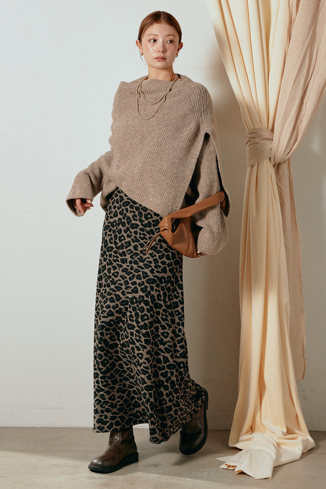 [SET]ケープデザインリブニットトップス+レオパードロングスカート(2set)