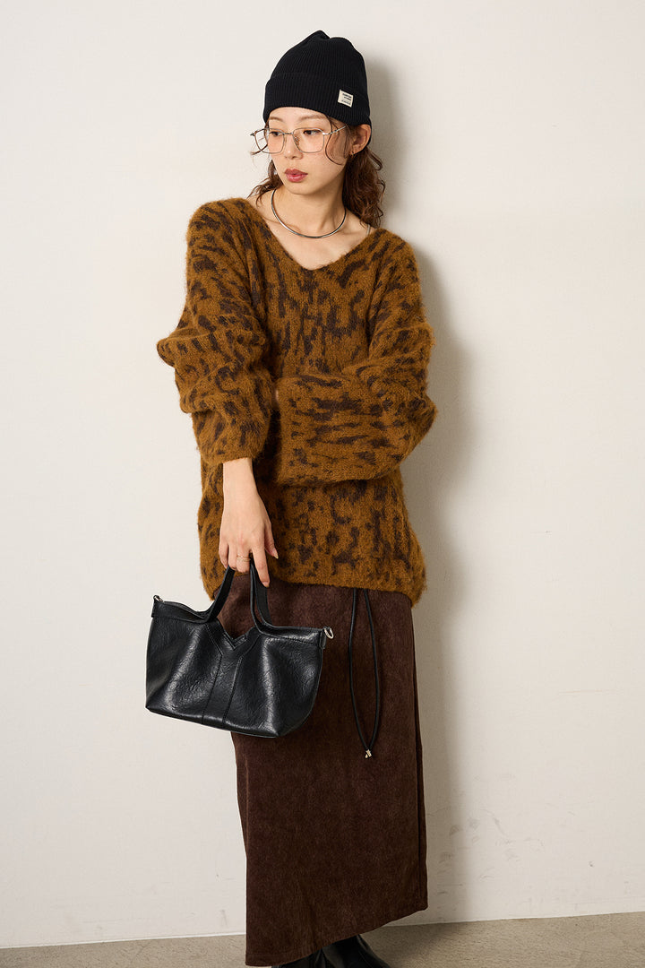 [SET]フラッフィーレオパードシャギーニット+ロープベルト付きスウェード調スカート(2set)