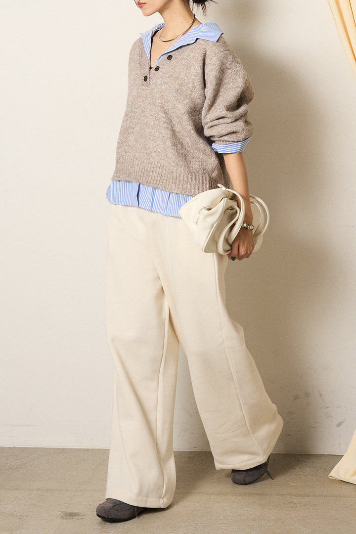 [SET]ストライプシャツドッキングニットポロトップス+裏起毛スウェットワイドパンツ(2set)