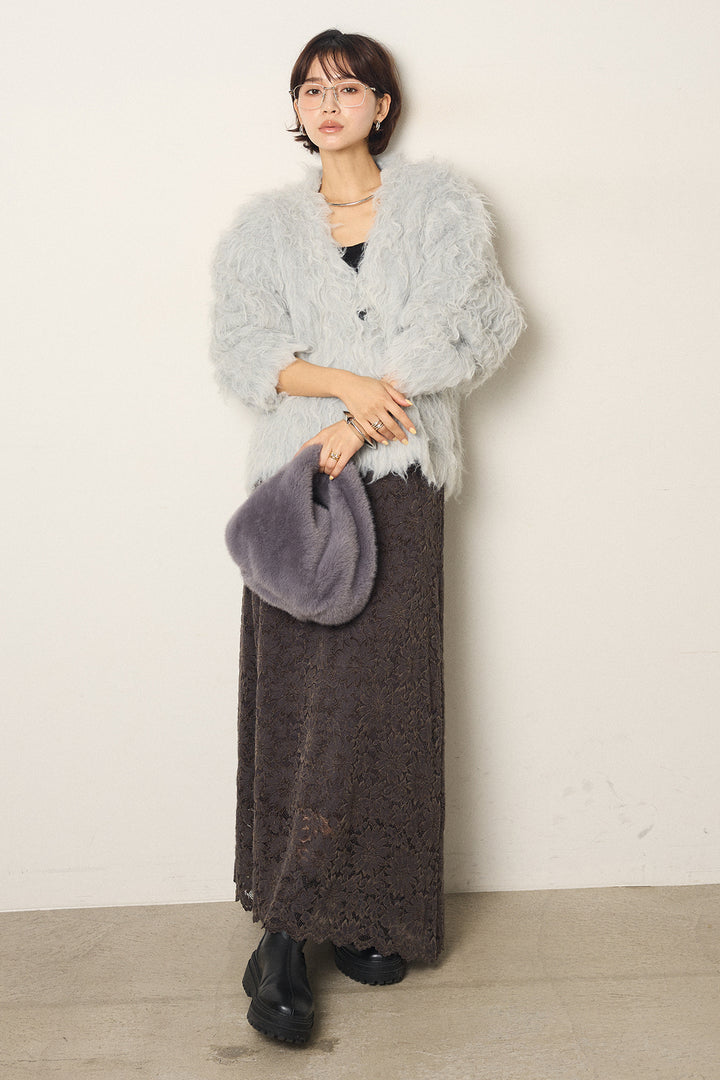 [SET]起毛シャギーニットカーディガン+花柄刺繍ベロアフレアスカート(2set)