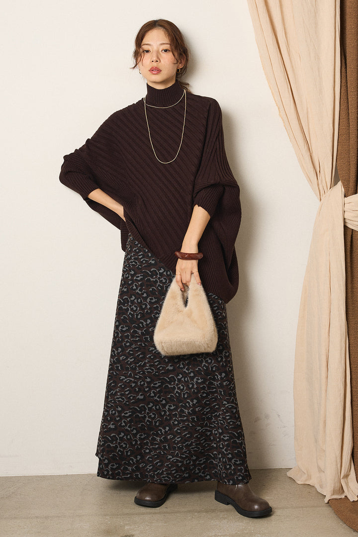 [SET]アシメデザインリブポンチョニットトップス+レオパードロングスカート(2set)