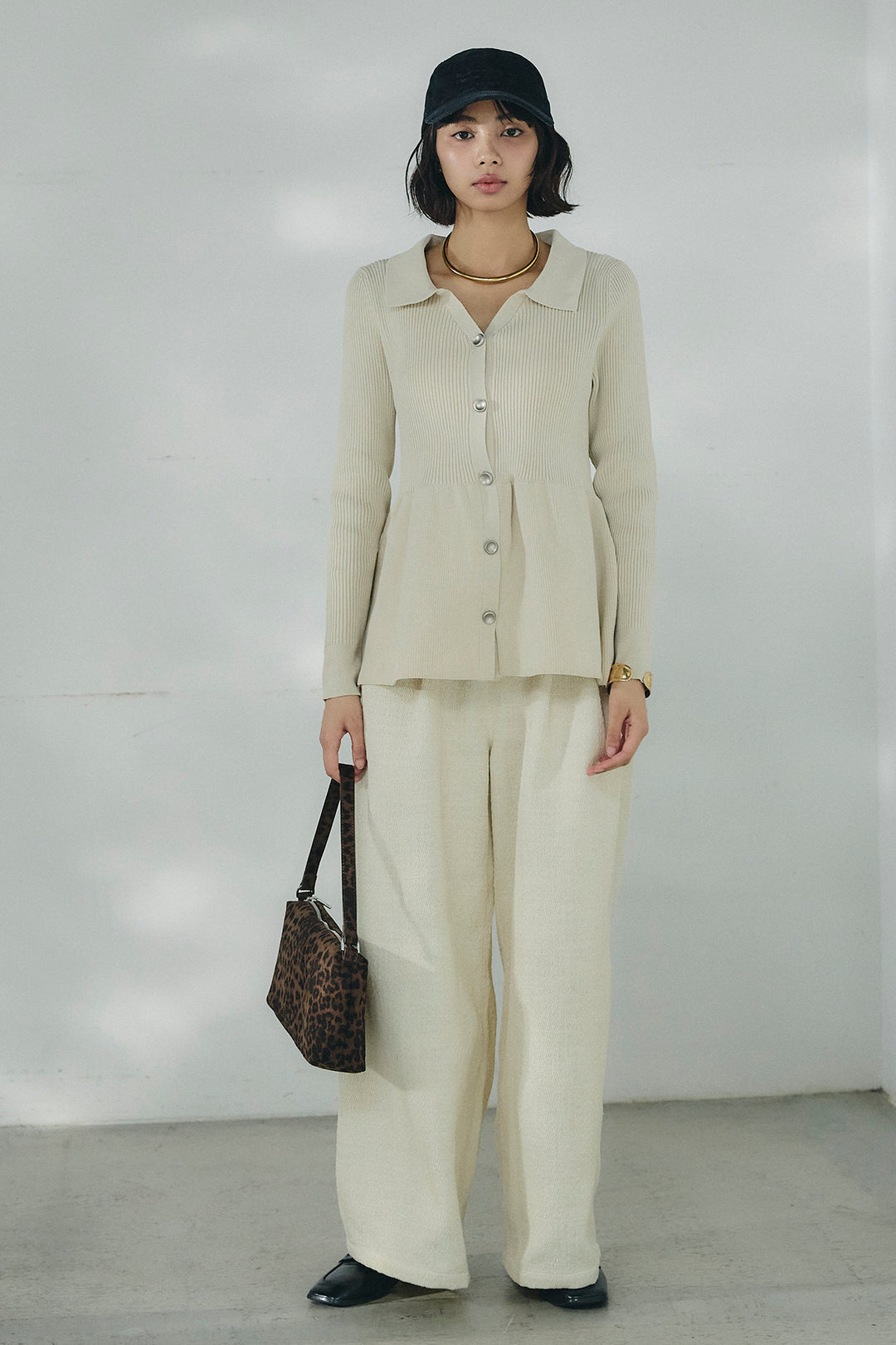 [SET]スキッパーペプラムニット+デニムライクヘリンボーンタックパンツ(2set)