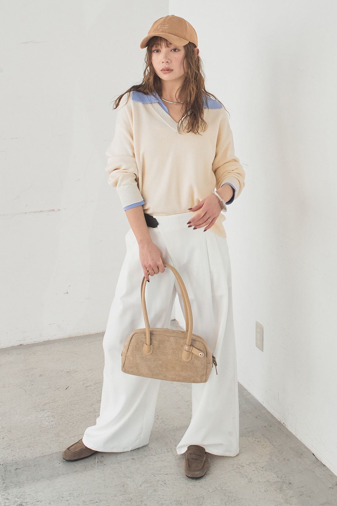 [SET]バイカラーニットレイヤード風プルオーバー+サイドベルトタック入りスラックス(2set)