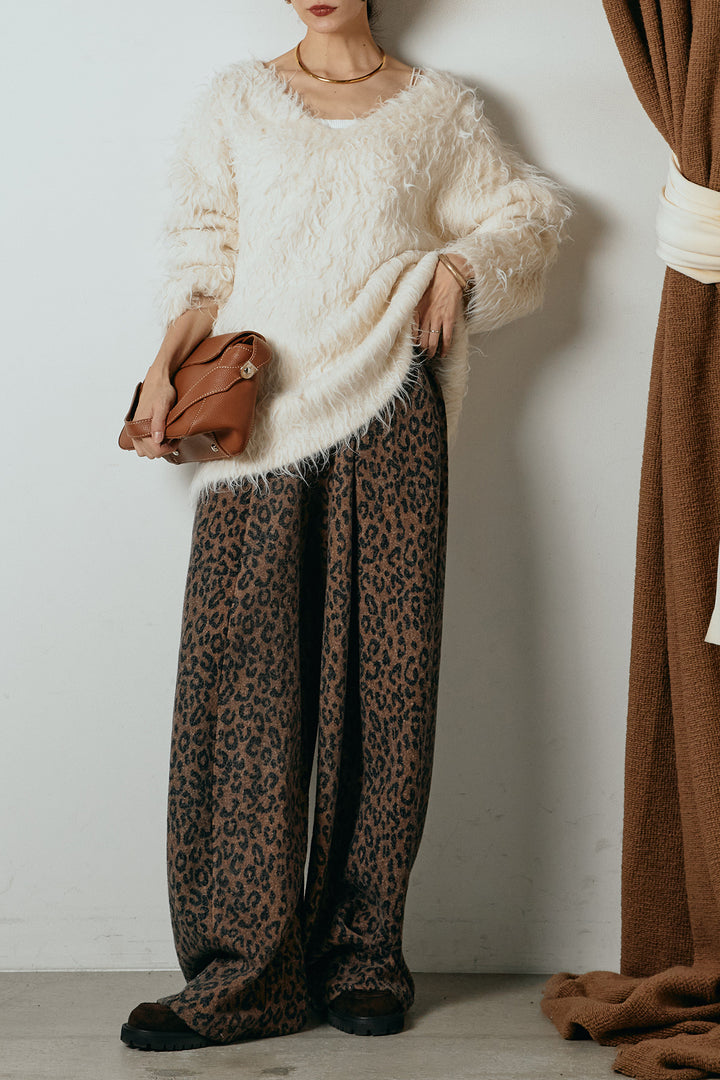[SET]深Vネックシャギーニットトップス+リラックスレオパード柄ワイドパンツ(2set)