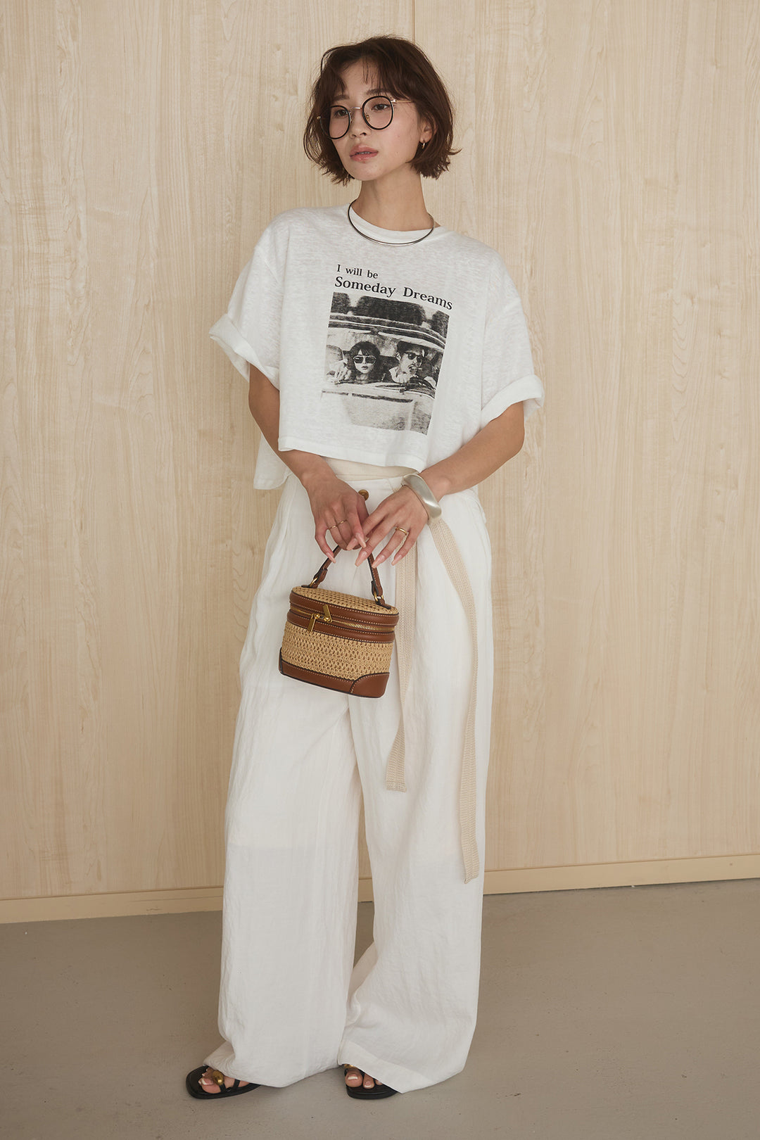 [SET]グラフィックサムデイワイドクロップドT+異素材ベルト付きラップ風ニュアンスワイドパンツ(2set)