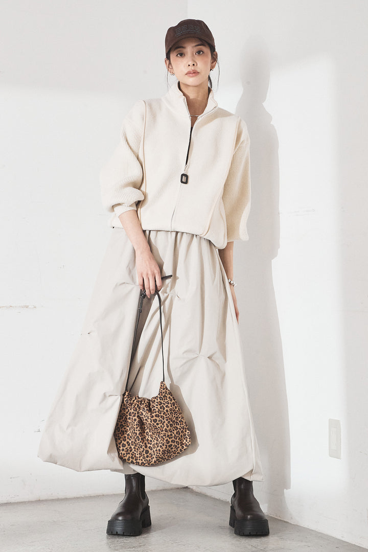 [SET]ハイネックパイピングデザインブルゾン+ランダムタックバルーンスカート(2set)