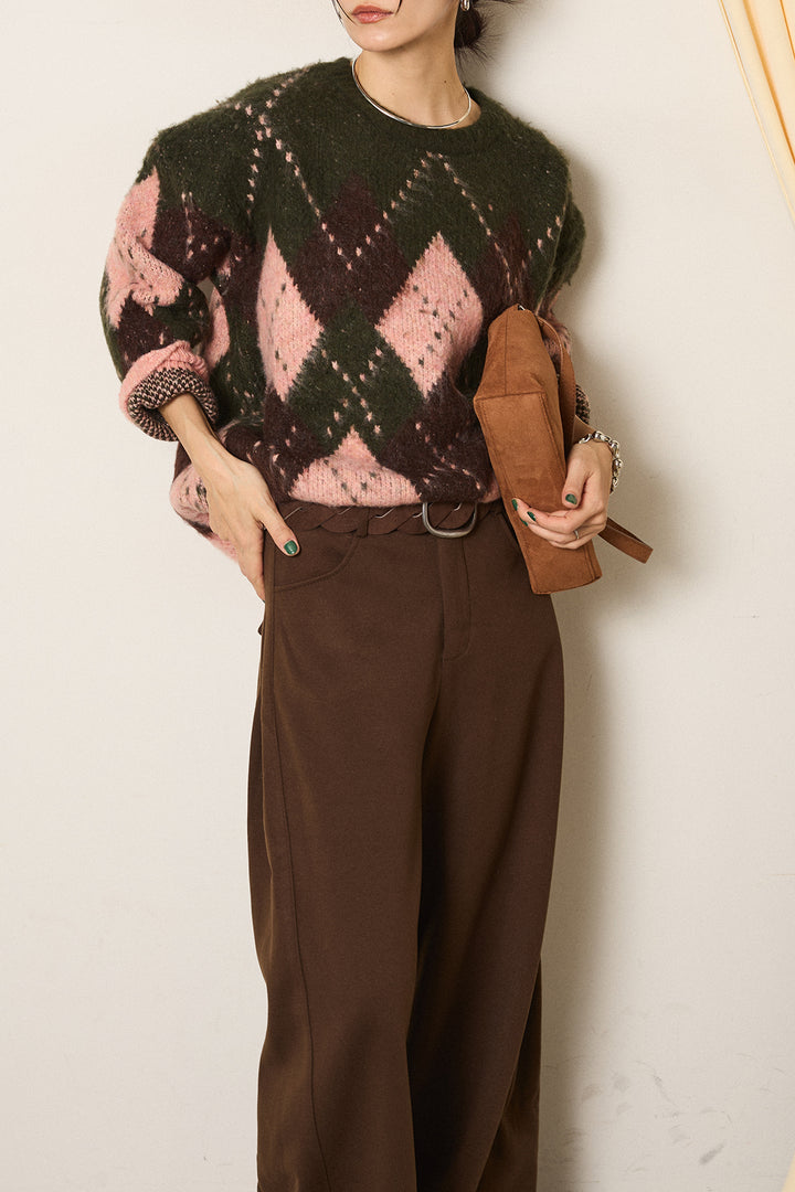 [SET]配色アーガイル柄ニットトップス+編みベルト付きワイドパンツ(2set)