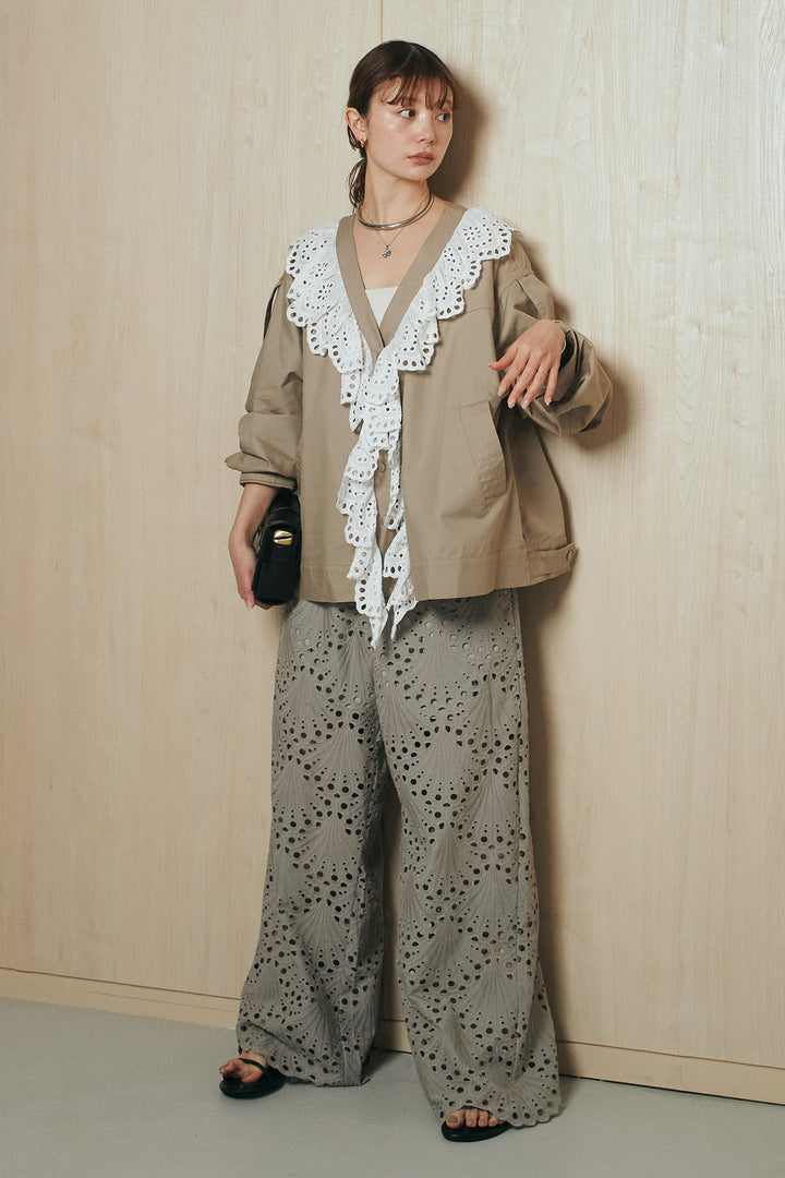 [SET]レースフリルドッキングアウター+レース刺繍リラックスパンツ(2set)