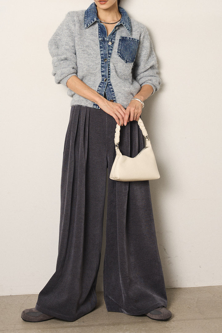 [SET]襟付きデニム切替ニットカーディガン+ベルトループコーデュロイワイドパンツ(2set)