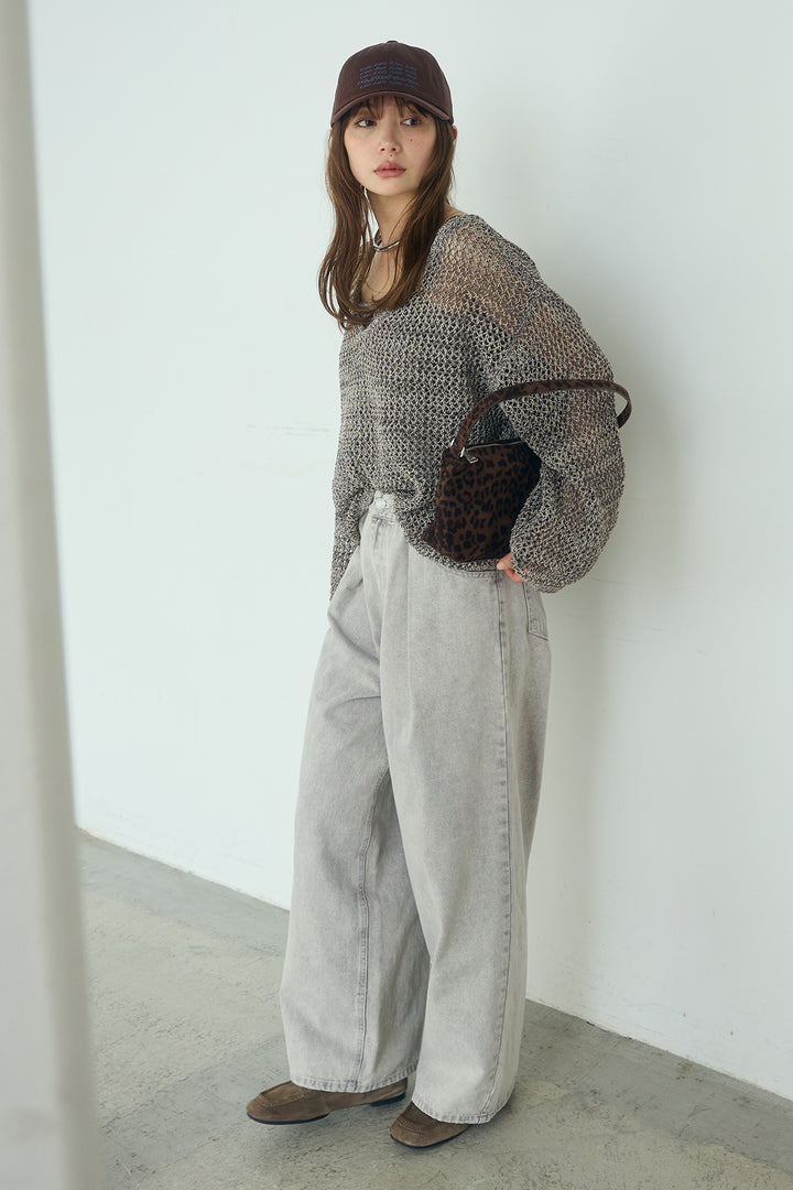 [SET]メッシュ編みビスチェセットVネックプルオーバー+カラーデニムタックカーブパンツ(2set)