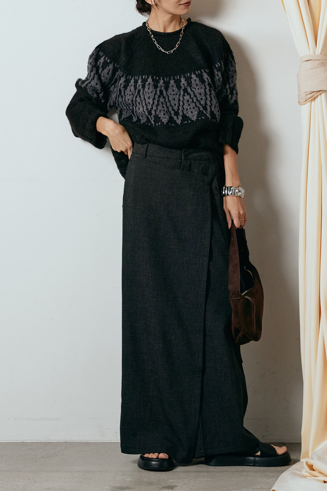 [SET]モノトーン柄ニットトップス+ラップ巻きワイドスラックス(2set)