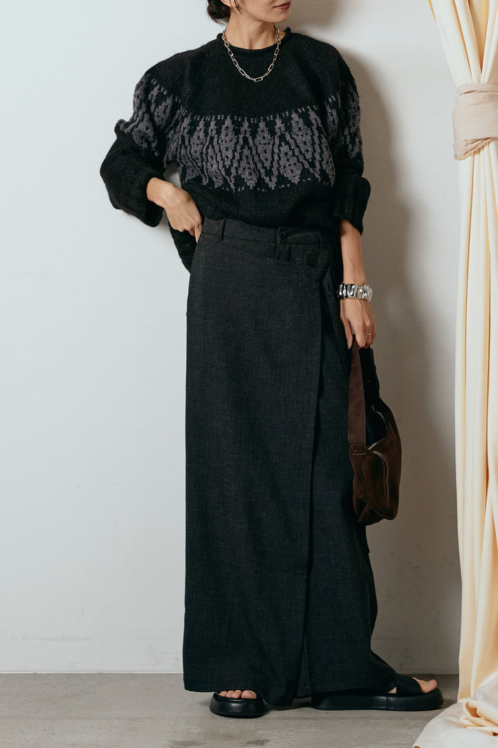 [SET]モノトーン柄ニットトップス+ラップ巻きワイドスラックス(2set)