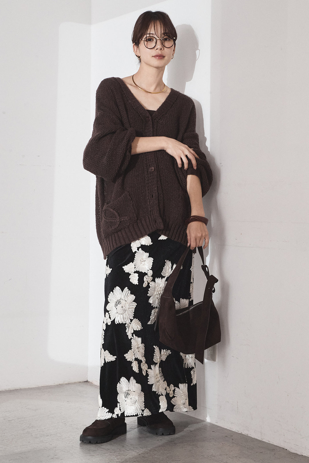 [SET]コード刺繍リラックスニットカーディガン+フラワー刺繍ワイドスカート(2set)