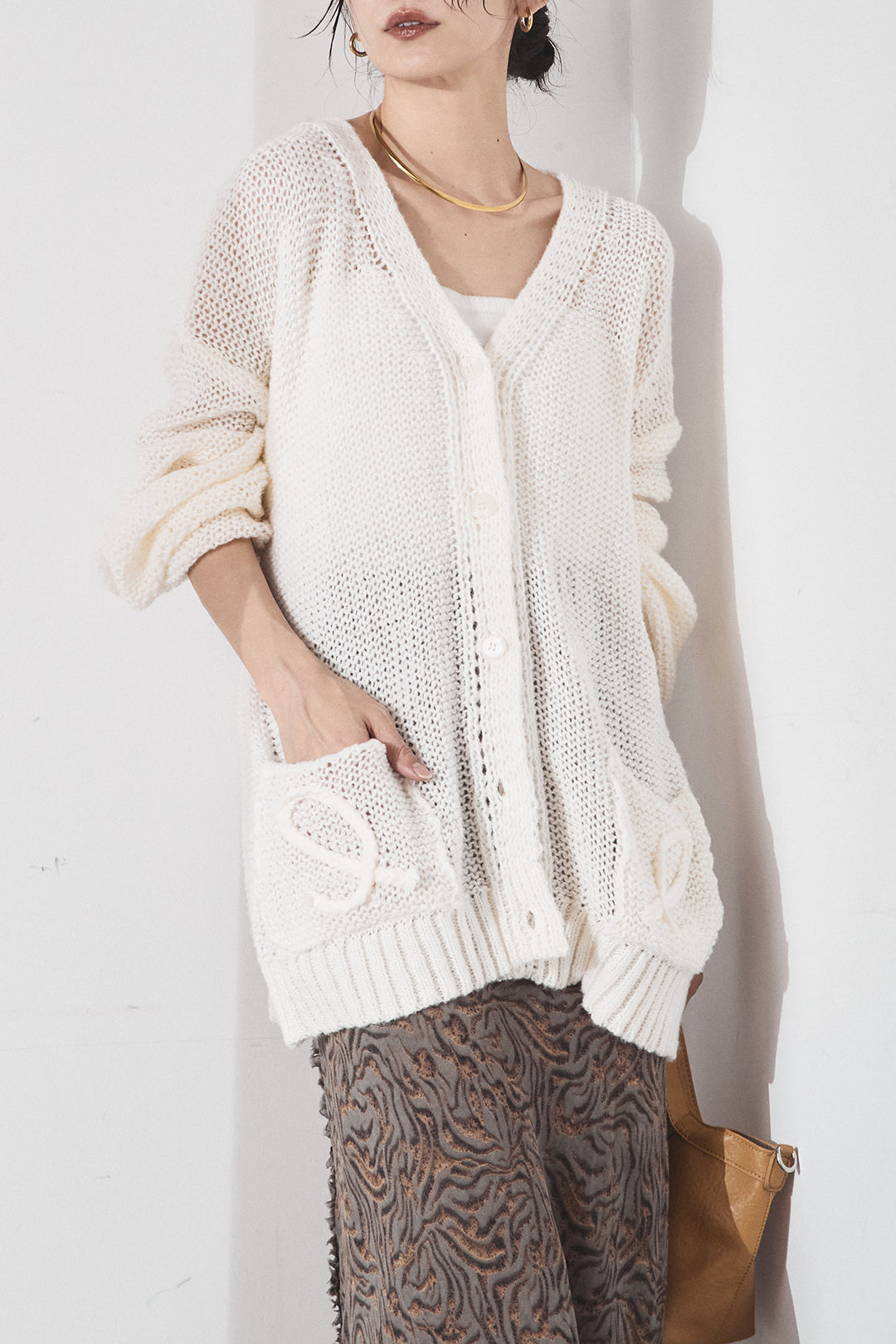 [SET]コード刺繍リラックスニットカーディガン+抽象柄ロングスカート(2set)