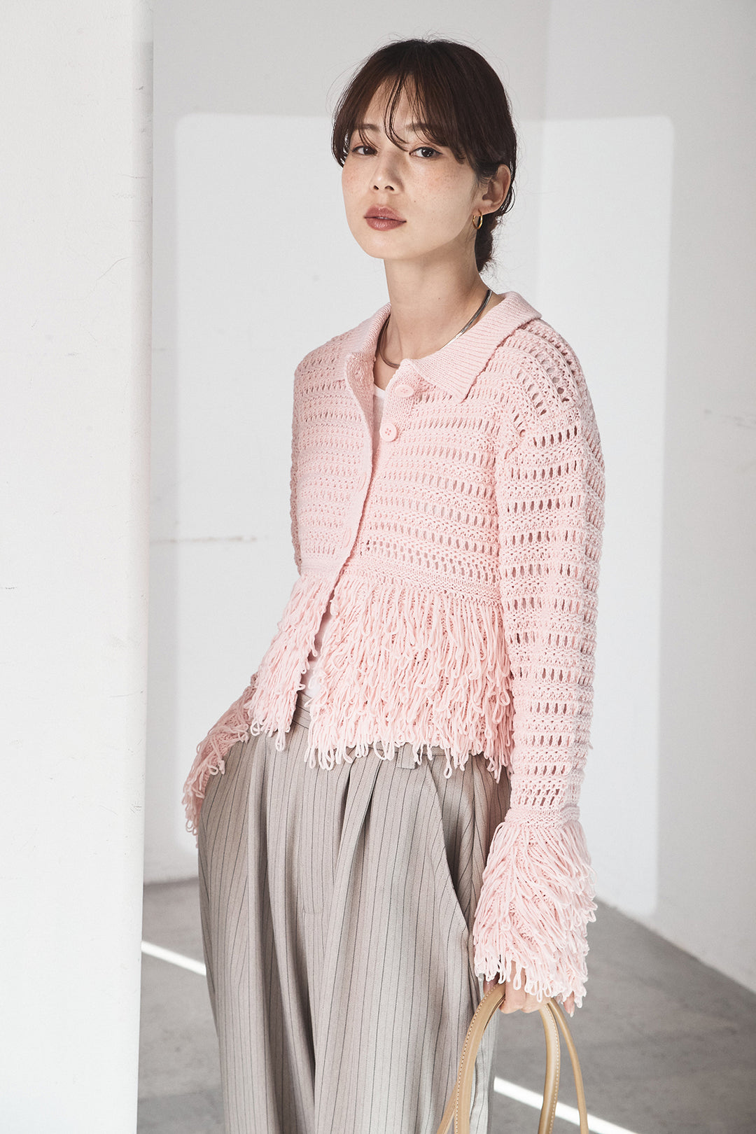 [SET]メッシュフリンジカーディガン+ヘリンボーンストライプツータックパンツ(2set)