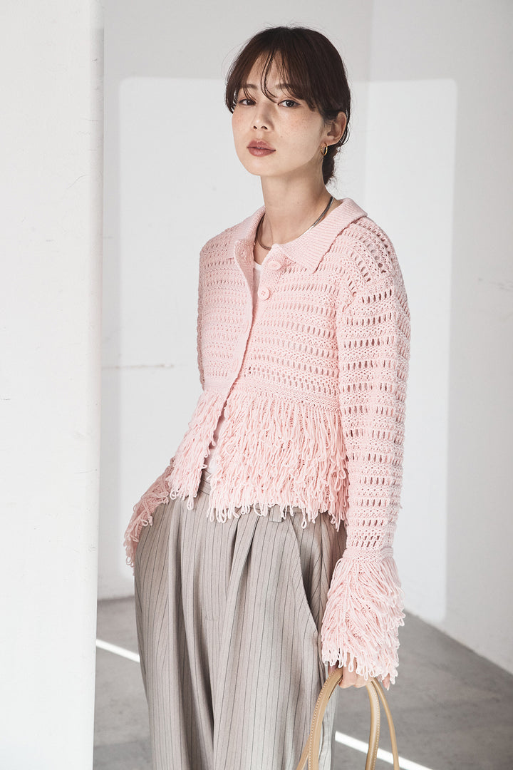 [SET]メッシュフリンジカーディガン+ヘリンボーンストライプツータックパンツ(2set)