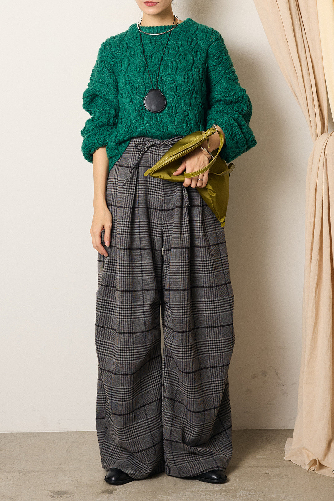 [SET]ケーブルリラックスショートニット+グレンチェックルーズタックパンツ(2set)