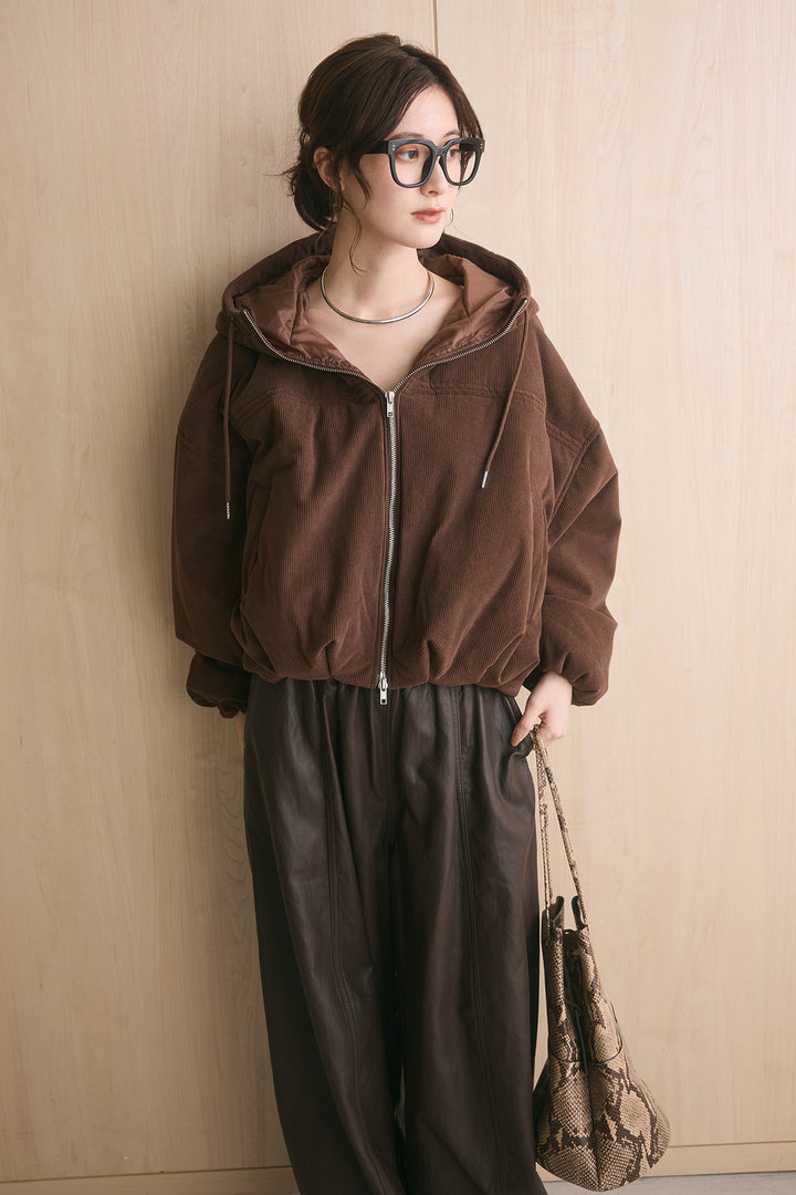 [SET]コーデュロイフーディバルーンブルゾン+フェイクレザーカーブワイドパンツ(2set)