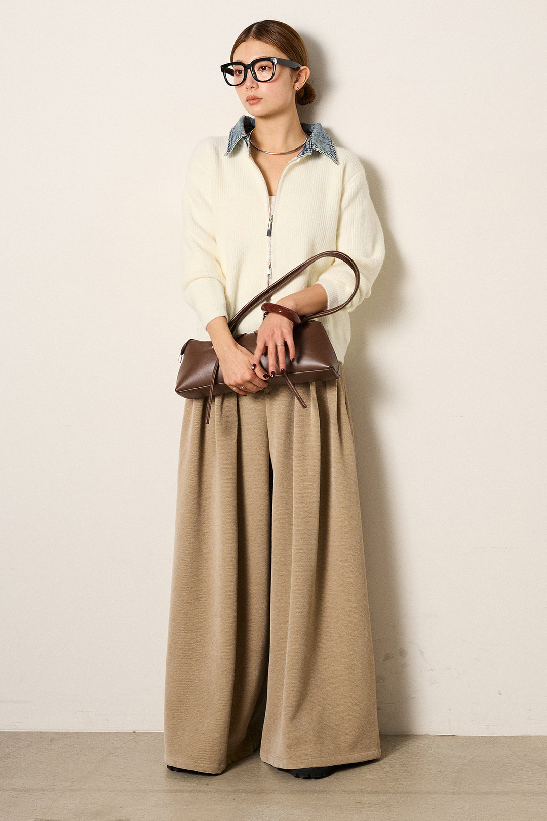 [SET]デニム襟ダブルジップニットトップス+ベルトループコーデュロイワイドパンツ(2set)