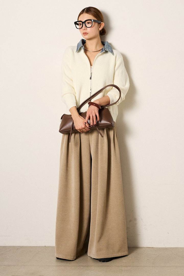 [SET]デニム襟ダブルジップニットトップス+ベルトループコーデュロイワイドパンツ(2set)