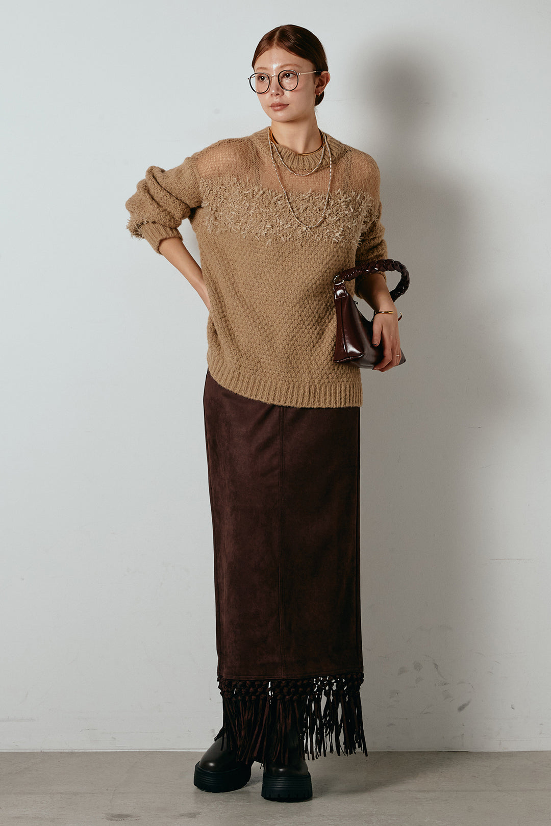 [SET]パターンランダム編みニットトップス+スウェードライク裾フリンジスカート(2set)