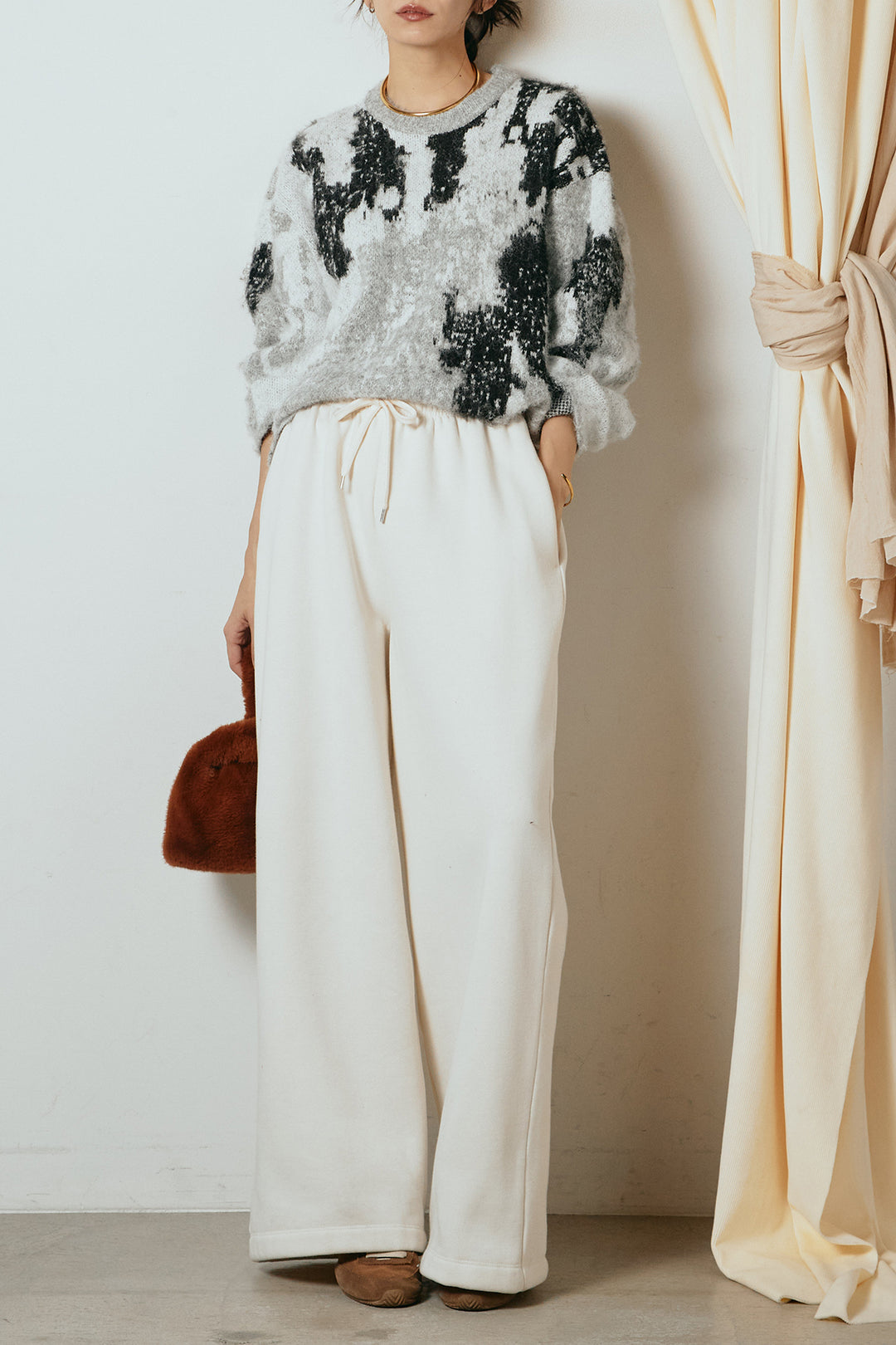 [SET]起毛ニュアンス柄ニットプルオーバー+裏起毛スウェットワイドパンツ(2set)