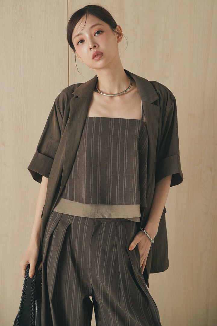 [SET]リネンライクテーラードハーフスリーブジャケット+リネンストライプタックワイドパンツ+リネンストライプレイヤードキャミ(3set)