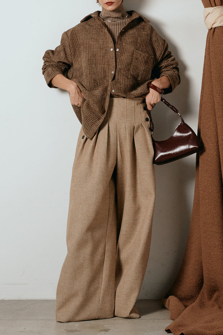 [SET]ルーズクラッシュツイルシャツ+リブニットシームレスタートルプルオーバー+サイドボタンツイードタックパンツ(3set)