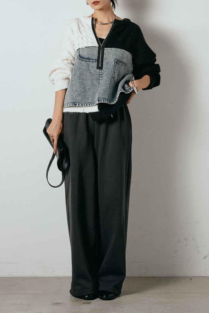 [SET]ハーフジップニットデニムドッキングトップス+裏起毛スウェットワイドパンツ(2set)