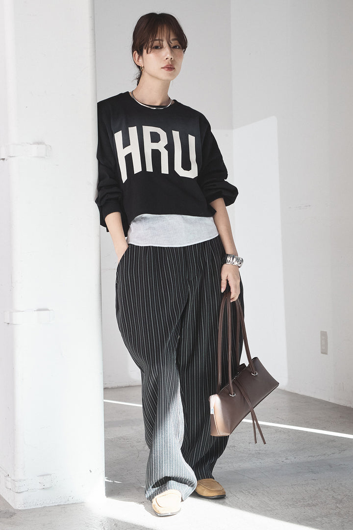 [SET]ビッグロゴHRU袖ボリュームトップス+ヘリンボーンストライプツータックパンツ(2set)