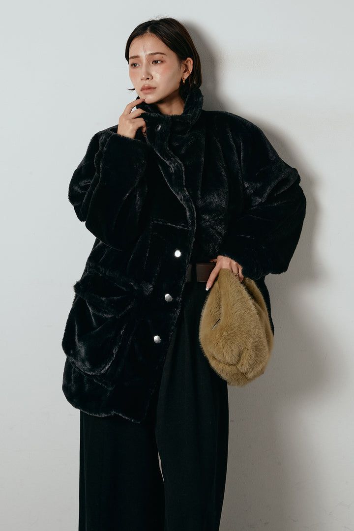 [SET]スタンドネックファーコート+フェイクレザー太ベルト付きタックワイドパンツ(2set)