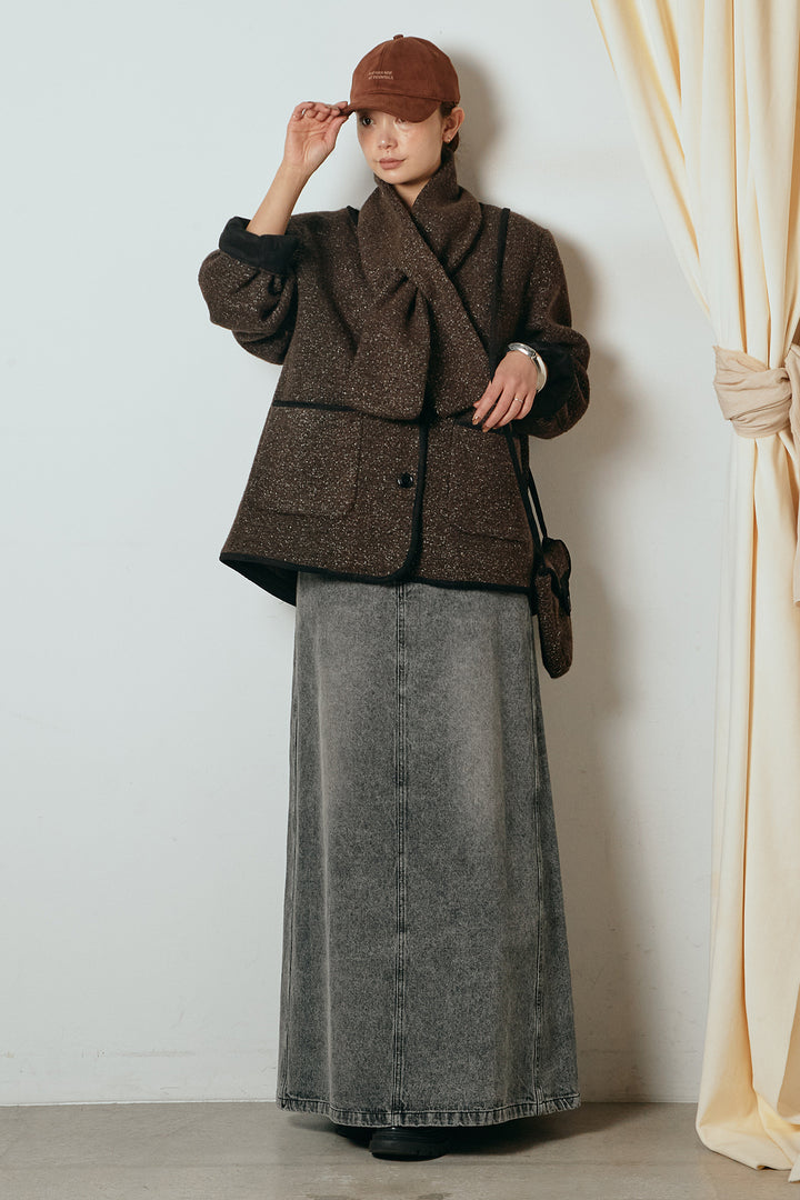 [SET]ノーカラーマフラーバッグ付きアウター+デニムロングフレアスカート(2set)