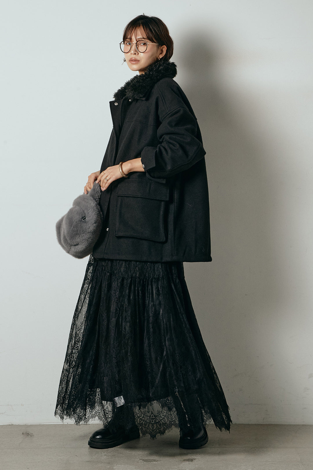 [SET]エコウール衿ファー薄中綿入りミドルカバーオール+ひげレース切替ロング丈スカート(2set)