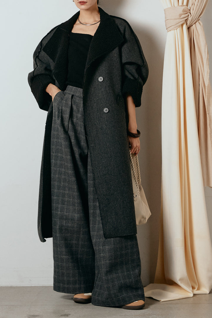 [SET]裏地ボアハイネックロングアウター+ウールライクチェックタックパンツ(2set)