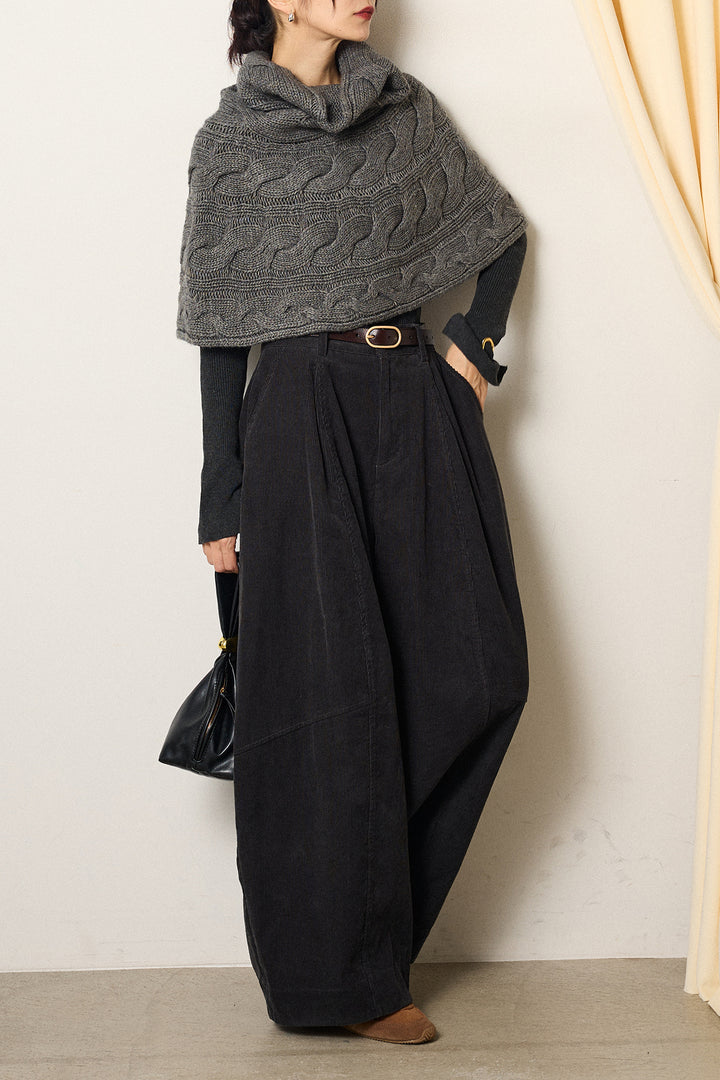 [SET]ケーブル編みケープレイヤードニット+タック入りコーデュロイワイドパンツ(2set)