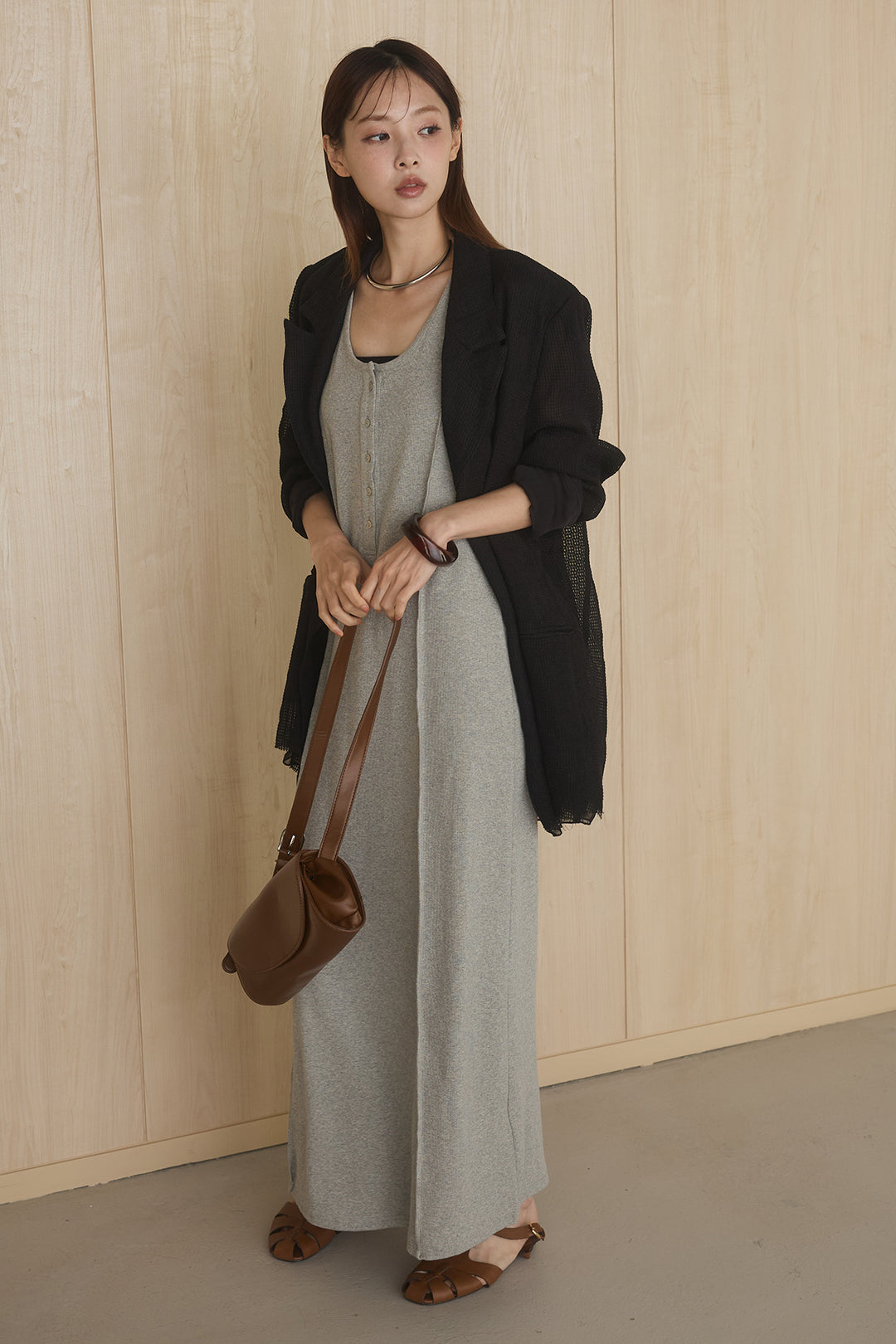 [SET]メッシュテーラードワイドジャケット+ノースリロングワンピース(2set)
