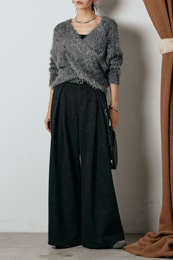 [SET]シャギークロスニットトップス+細ベルト付き起毛タックワイドパンツ(2set)