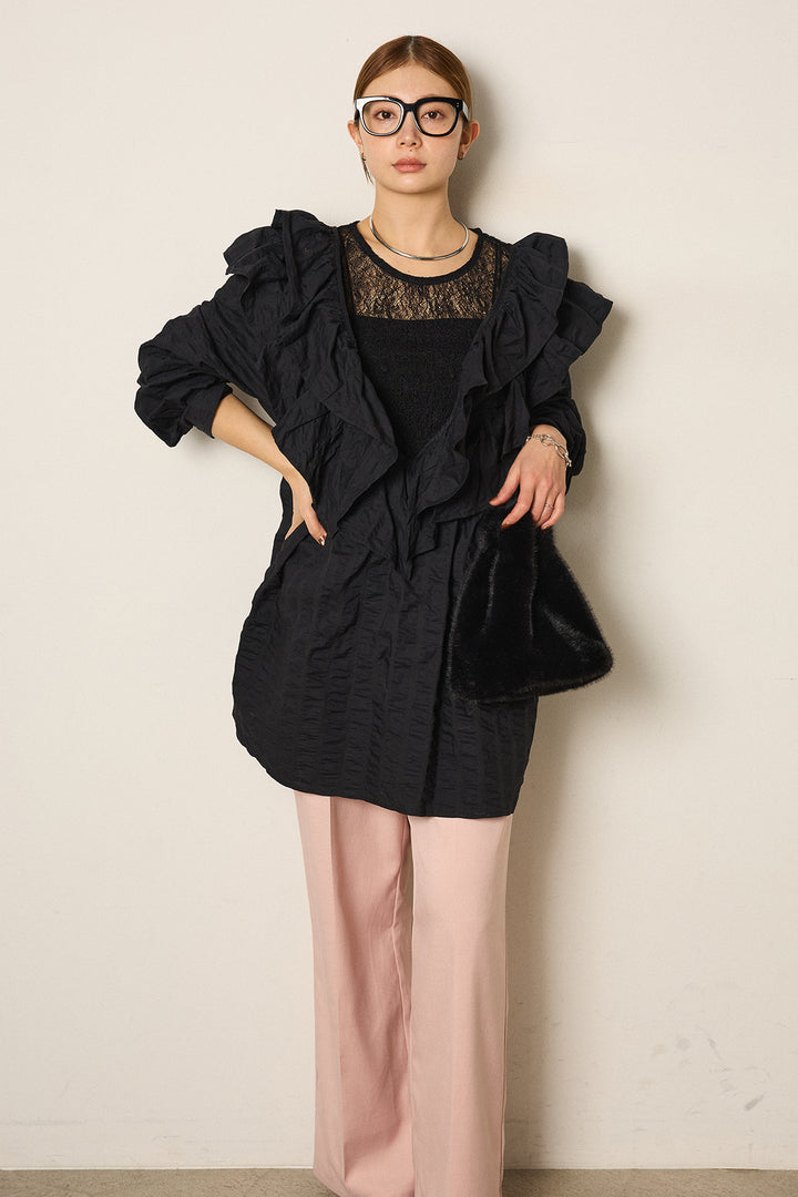 [SET]Vネックフリルカラーブラウス+ストレッチレースクルーネックインナー(2set)