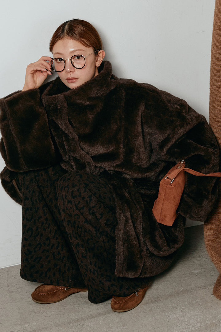 [SET]スタンドネックファーコート+レオパードジャガードニットパンツ(2set)