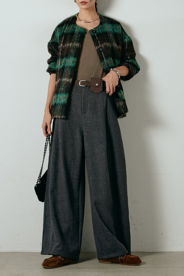 [SET]ノーカラーシャギーチェックアウター+ポーチベルト付きカーブパンツ(2set)