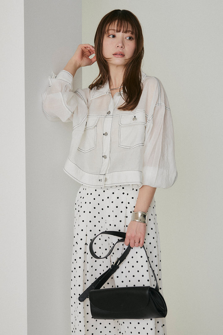 [SET]配色ステッチシアーシャツ+ベルト付きドット柄ワイドパンツ(2set)