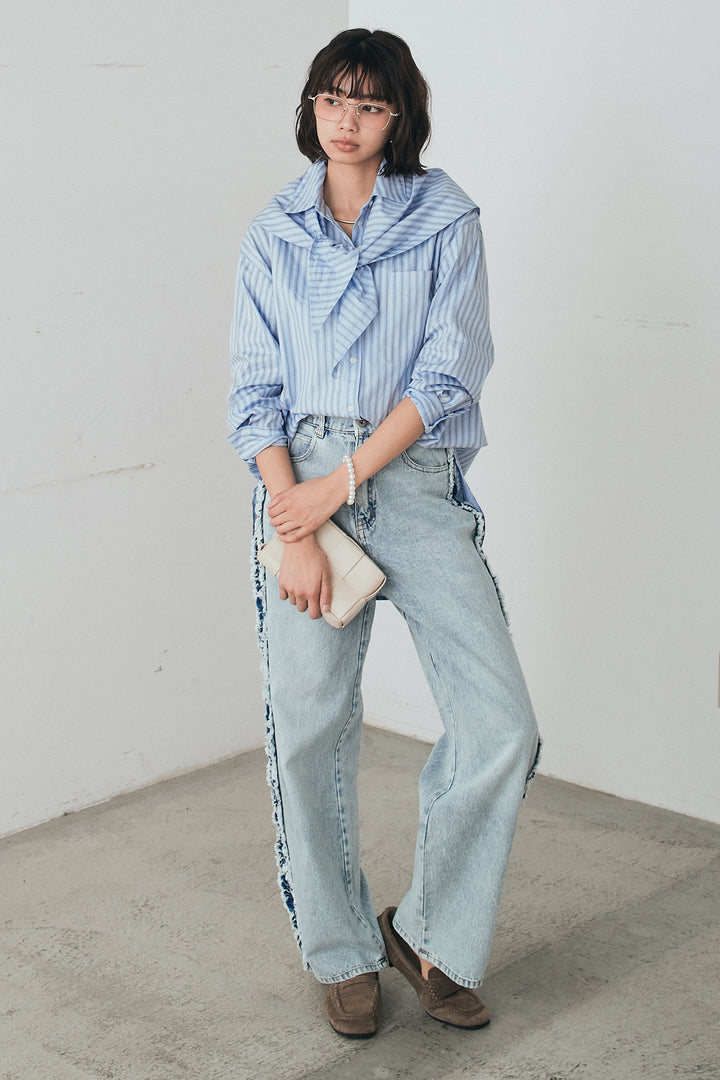 [SET]ランダムストライプスカーフ付きシャツ+デニムサイドフリルパンツ(2set)