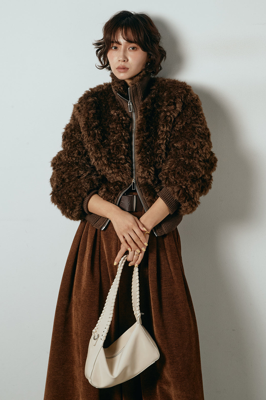 [SET]ハイネックショート丈ボアジップブルゾン+ベルトループコーデュロイワイドパンツ(2set)