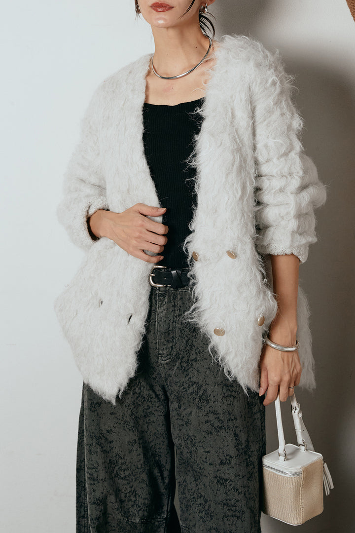 [SET]ウェーブシャギーニットジャケット+ベルト付きニュアンス柄カーブワイドパンツ(2set)