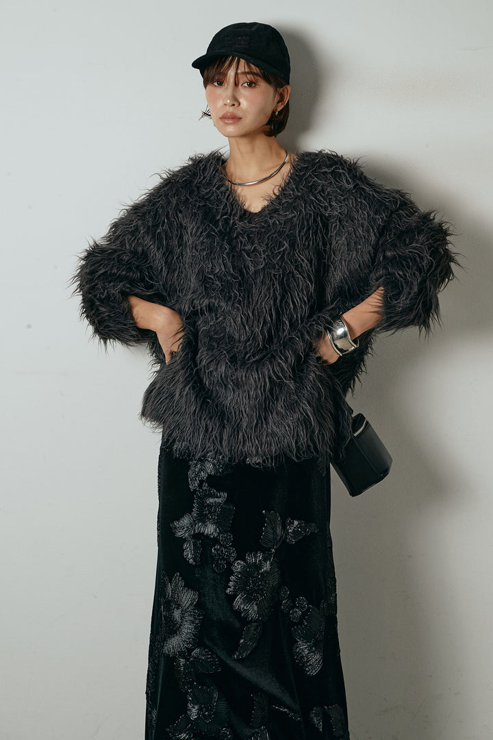 [SET]深Vネックシャギーニットトップス+フラワー刺繍ワイドスカート(2set)