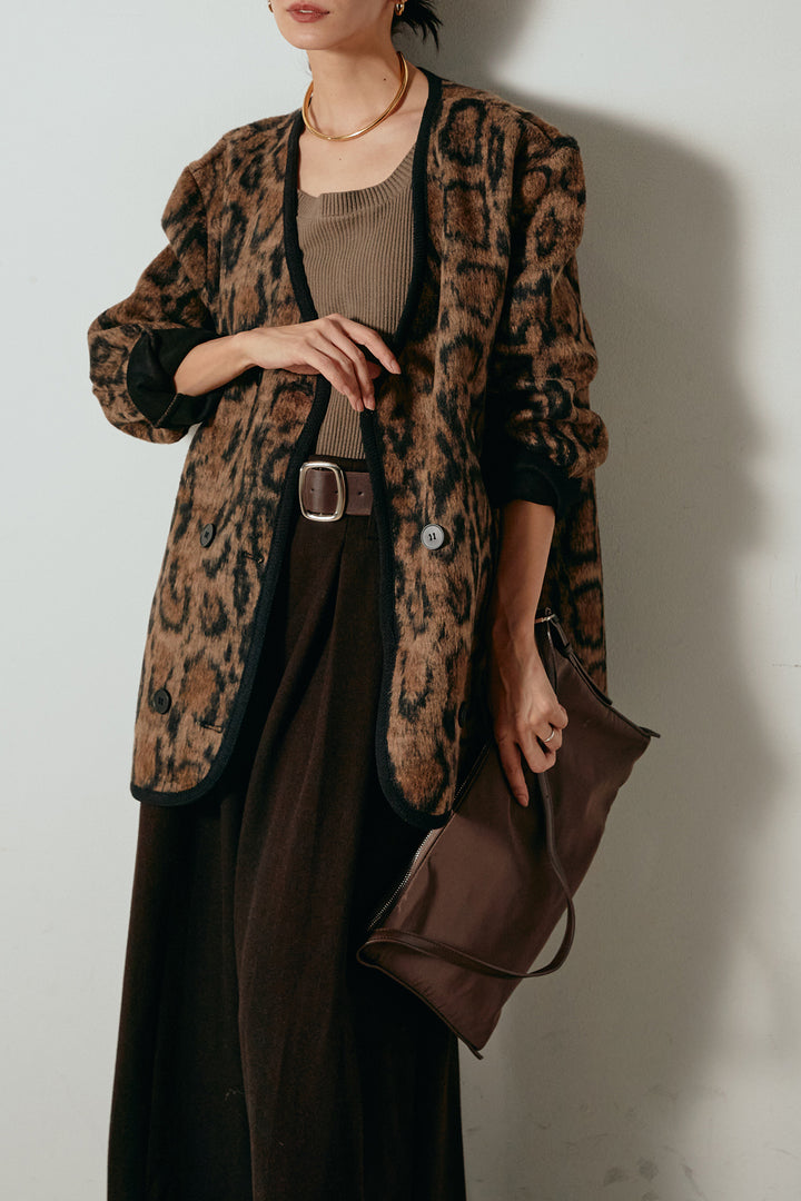 [SET]ノーカラーレオパード柄アウター+フェイクレザー太ベルト付きタックワイドパンツ(2set)