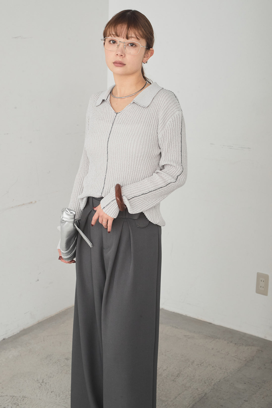 [SET]衿付きニットプルオーバー+ベルト付きツータックワイドパンツ(2set)